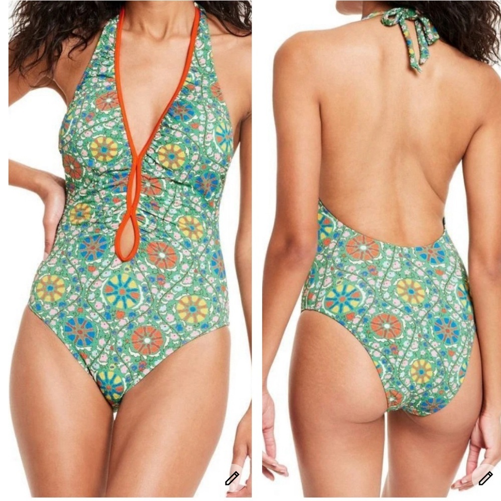 RHODE Green Mosaic Halter One-Piece Swimsuit with Orange Trim
